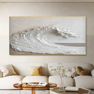 Large 3D Textured Ocean Wave Hand-Painted Oil Painting Minimalist White Canvas Wall Art for Living Room Decor