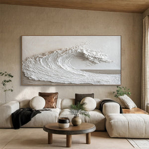Large 3D Textured Ocean Wave Hand-Painted Oil Painting Minimalist White Canvas Wall Art for Living Room Decor