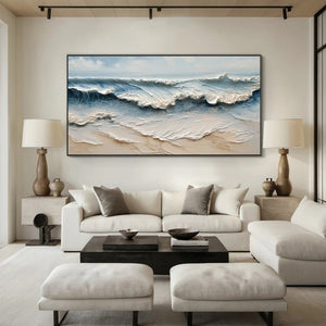 Large 3D Textured Ocean Wave Hand-Painted Oil Painting Coastal Canvas Wall Art for Living Room Decor