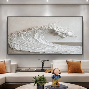 Large 3D Textured Ocean Wave Hand-Painted Oil Painting Minimalist White Canvas Wall Art for Living Room Decor