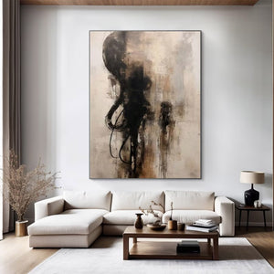 Large Abstract Black & Beige Textured Canvas Wall Art Modern Minimalist Oil Painting for Living Room & Office Decor