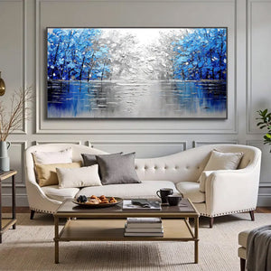 Large Abstract Blue Forest Canvas Wall Art | Textured Nature Landscape Painting for Bedroom Decor