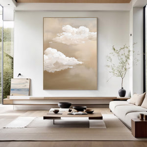 Large Abstract Cloud Painting – Modern Hand Painted Beige and White Sky Art for Bedroom Decor