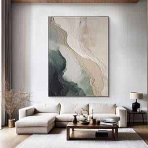 Large Abstract Coastal Landscape Textured Oil Painting Wabi-Sabi Green Beige Canvas Wall Art for Living Room Decor