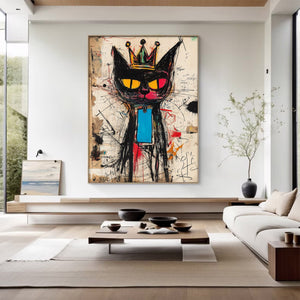 Large Abstract Crown Cat Urban Graffiti Oil Painting Basquiat Inspired Contemporary Wall Art for Modern Home Decor