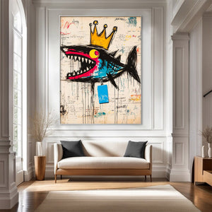 Large Abstract Crown Shark Urban Graffiti Oil Painting Basquiat Inspired Contemporary Wall Art for Modern Home Decor
