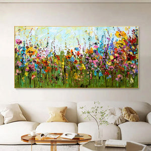 Large Abstract Floral Meadow Canvas Wall Art | Textured Wildflower Landscape Painting for Bedroom