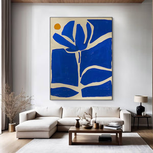 Large Abstract Floral Oil Painting – Blue Geometric Flower Canvas Art Hand Painted for Modern Home
