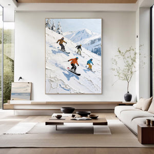 Large Abstract Mountain Skiing Scene Textured Oil Painting Winter Landscape Canvas Art for Modern Home Decor