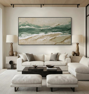 Large Abstract Ocean Wave Oil Painting Textured Green Coastal Canvas Wall Art for Living Room Decor