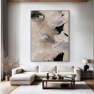 Large Abstract Painting – Modern Beige and Black Canvas Art Hand Painted for Living Room Decor