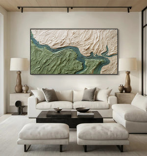 Large Abstract River Oil Painting Textured Green Canvas Wall Art for Contemporary Home Decor