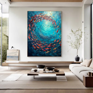 Large Abstract Underwater Fish Vortex Textured Canvas Art Colorful Ocean Painting for Home & Office Decor