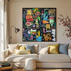 Large Abstract Urban Collage Figurative Oil Painting Basquiat Inspired Colorful Wall Art for Home Decor