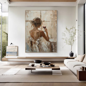 Large Back View Girl with Wine Glass Hand-Painted Oil Painting Modern Figure Canvas Wall Art for Living Room Decor