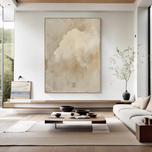 Large Beige Abstract Sky Painting – Modern Hand Painted Minimalist Clouds Art for Stylish Home Office