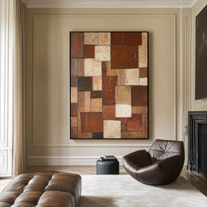 Large Contemporary Patchwork Abstract Canvas Wall Art Terracotta Earth Tone Painting for Home Decor