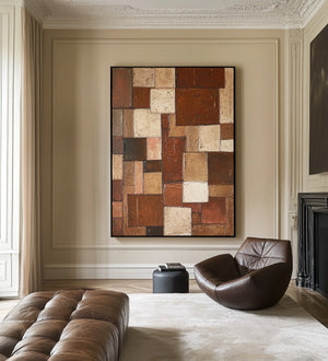 Large Contemporary Patchwork Abstract Canvas Wall Art Terracotta Earth Tone Painting for Home Decor