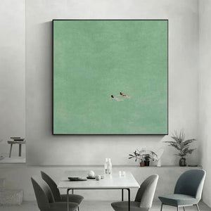 Large Contemporary Tiny Figure Canvas Wall Art Minimalist Aqua Painting for Living Room Decor