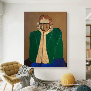 Large Modern Abstract Contemplative Figure Canvas Wall Art Textured Oil Painting for Bedroom & Entryway Decor