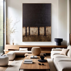 Large Dark Abstract Painting – Modern Hand Painted Black and Bronze Tone Art for Stylish Interior Design