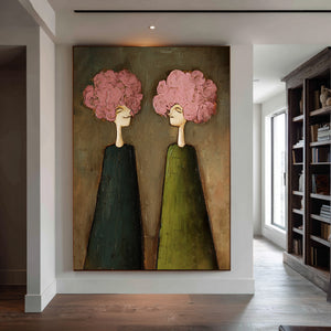 Large Expressive Floral Figure Oil Painting on Canvas Textured Wall Art for Modern Living Room Decor