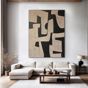Large Geometric Abstract Oil Painting – Modern Beige and Black Canvas Art Hand Painted for Living Room Decor