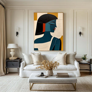 Large Geometric Oil Painting - Abstract Female Portrait Wall Art Hand Painted for Contemporary Decor