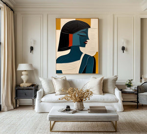 Large Geometric Oil Painting - Abstract Female Portrait Wall Art Hand Painted for Contemporary Decor