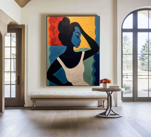 Large Geometric Oil Painting - Abstract Portrait Art on Canvas Hand Painted for Contemporary Interior