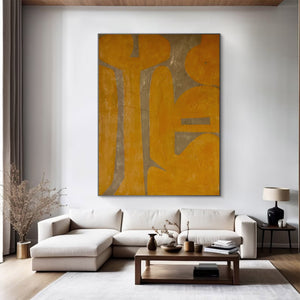 Large Geometric Oil Painting – Yellow and Gray Abstract Canvas Art Hand Painted for Modern Living Room