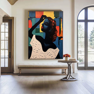 Large Hand Painted Abstract Woman Oil Painting – Colorful Female Portrait for Modern Wall Decor