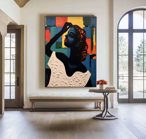 Large Hand Painted Abstract Woman Oil Painting – Colorful Female Portrait for Modern Wall Decor