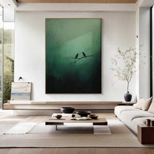 Large Hand Painted Bird Art – Deep Green Abstract Nature Oil Painting on Canvas for Home Decor