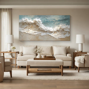 Large Horizontal Textured Coastal Wave Canvas Wall Art Wabi-Sabi Ocean Art for Living Room Decor