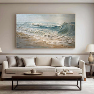 Large Horizontal Textured Ocean Wave Canvas Wall Art Wabi-Sabi Coastal Art for Living Room Decor