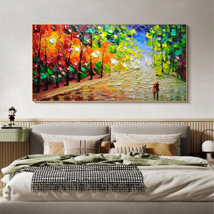 Large Impasto Forest Landscape Canvas Wall Art | Vibrant Autumn Trees Painting for Bedroom
