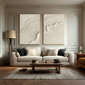 Set of 2 Large Impasto Textured White Wave Abstract Canvas Wall Art Textured Modern Art for Entryway & Bedroom Decor
