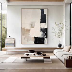 Large Minimalist Abstract Painting – Black and White Canvas Wall Art Hand Painted for Modern Living Room