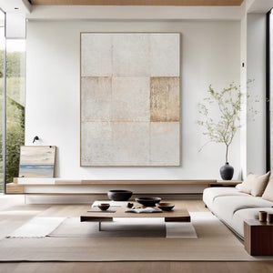 Large Minimalist Abstract Painting – Modern Beige and Cream Grid Canvas Art Hand Painted for Living Room Decor