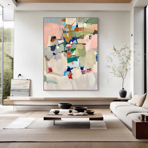 Large Minimalist Abstract Painting – Modern Pastel Color Block Canvas Art Hand Painted for Living Room Decor