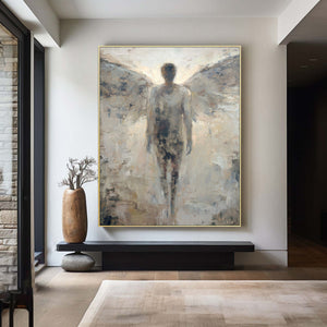 Large Minimalist Angel Figurative Canvas Wall Art Textured Oil Painting for Hallway & Office Decor
