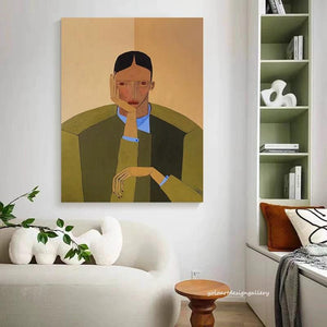 Large Modern Abstract Geometric Portrait Canvas Wall Art Textured Oil Painting for Bedroom & Entryway Decor