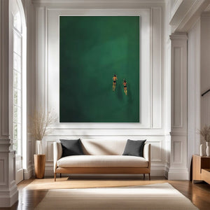 Large Minimalist Swimming Art – Dark Green Abstract Water Oil Painting Hand Painted for Modern Home Decor
