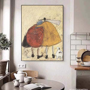 Large Minimalist Whimsical Couple & Pet Canvas Wall Art Textured Oil Painting for Living Room & Bedroom Decor
