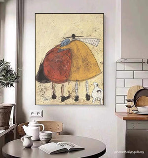 Large Minimalist Whimsical Couple & Pet Canvas Wall Art Textured Oil Painting for Living Room & Bedroom Decor