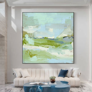 Large Mint Green Abstract Canvas Wall Art Modern Nature Mountain Painting for Interior Decor