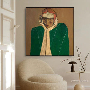 Large Modern Abstract Contemplative Figure Canvas Wall Art Textured Oil Painting for Bedroom & Entryway Decor
