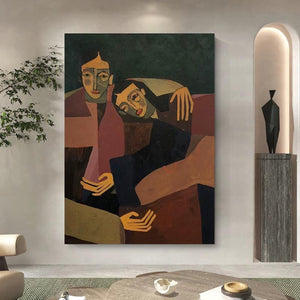 Large Modern Abstract Intimate Figures Textured Canvas Art Figurative Painting for Bedroom & Entryway Decor
