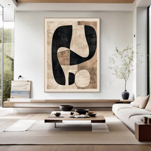 Large Modern Abstract Organic Shape Canvas Art Black & Beige Textured Painting for Interior & Office Decor